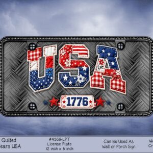 A license plate displaying the patchwork "USA 1776" design on the dark metallic background.