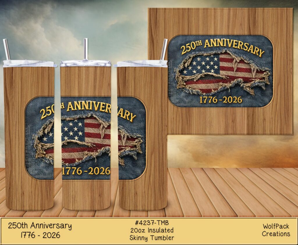 Three cylindrical drinkware tumblers and a flat square item displaying the distressed USA map/flag design and "250th Anniversary" text.