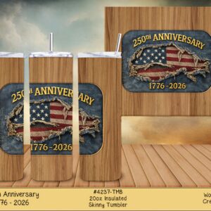 Three cylindrical drinkware tumblers and a flat square item displaying the distressed USA map/flag design and "250th Anniversary" text.