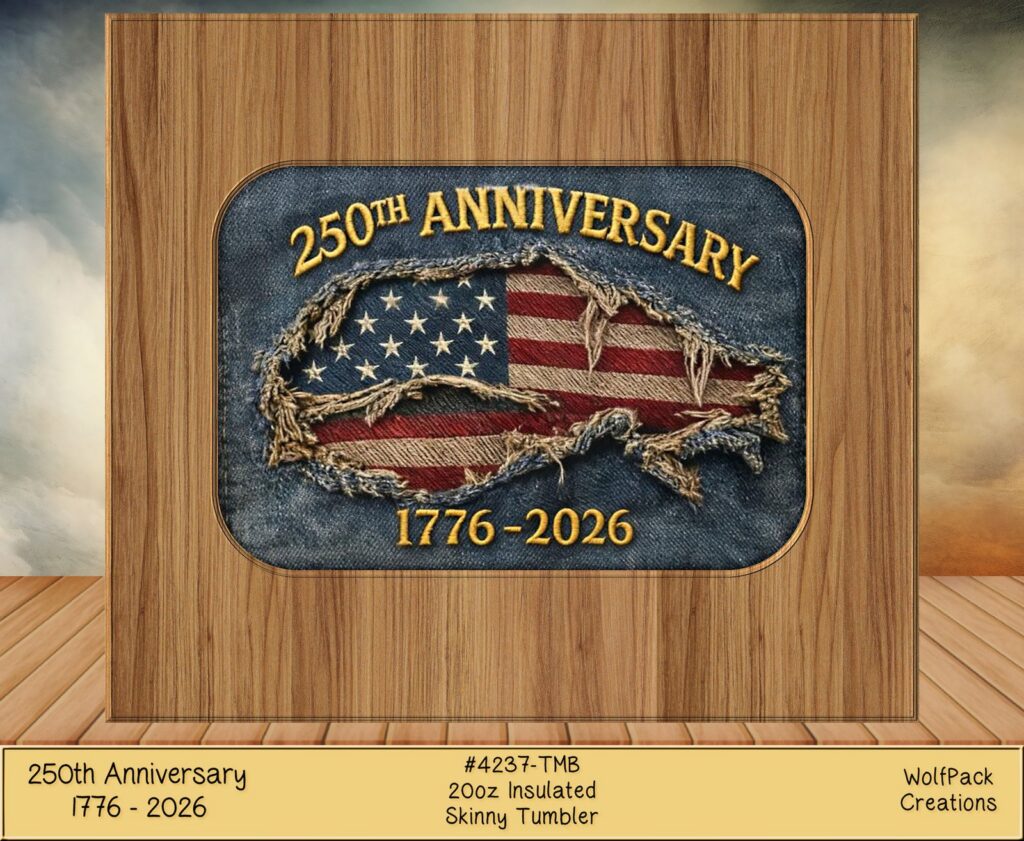 A rustic graphic of the USA map filled with a distressed American flag, with text reading "250TH ANNIVERSARY 1776 - 2026" on a wood-grain background.