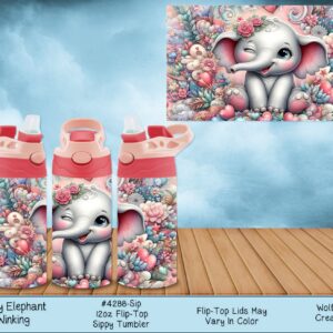 Three children's tumblers (with pink lids) featuring a cute baby elephant surrounded by pink floral arrangements.