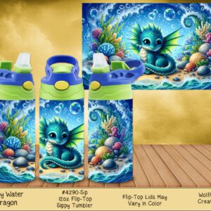 Three children's tumblers displaying a cute cartoon blue dragon sitting in a magical forest setting.