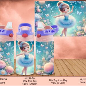 Three children's tumblers (with pink lids) showing a cute cartoon ballerina girl surrounded by bubbles or balloons.