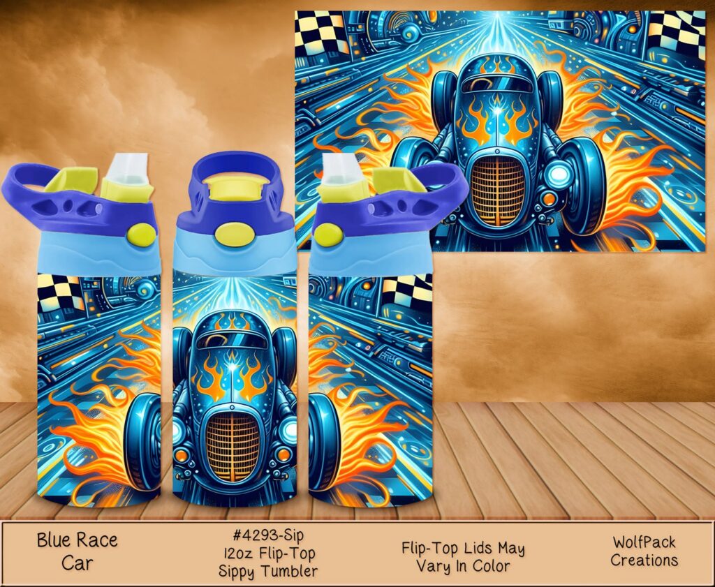 Three children's tumblers displaying a dynamic blue race car with checkered flags and orange flames.