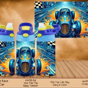 Three children's tumblers displaying a dynamic blue race car with checkered flags and orange flames.