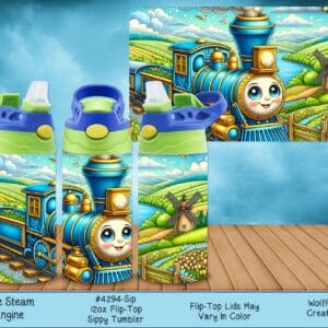 Three children's tumblers featuring a cheerful blue steam train travelling through a grassy landscape.