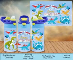 Three children's tumblers showing cute, colorful cartoon dinosaurs on a light blue background.