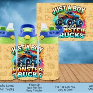 Three children's tumblers displaying a blue and green monster truck design with the text "Just a boy who loves monster trucks".