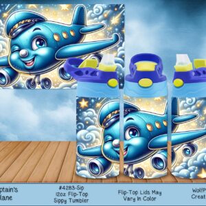 Three children's tumblers showing a cheerful, blue cartoon airplane flying in the sky.