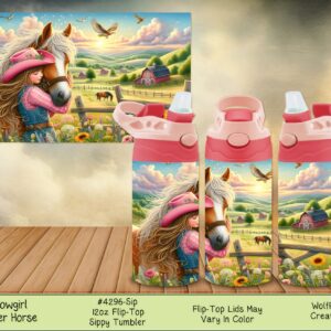 Three children's tumblers (with pink lids) illustrating a sunny farm scene with a cartoon girl and a pony.