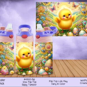 Three children's tumblers showing a bright yellow cartoon chick hatching from an egg in a field of spring flowers.