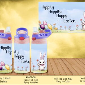 Three children's tumblers (with purple lids) featuring a cute cartoon bunny holding an Easter egg with the text "Happy Easter".