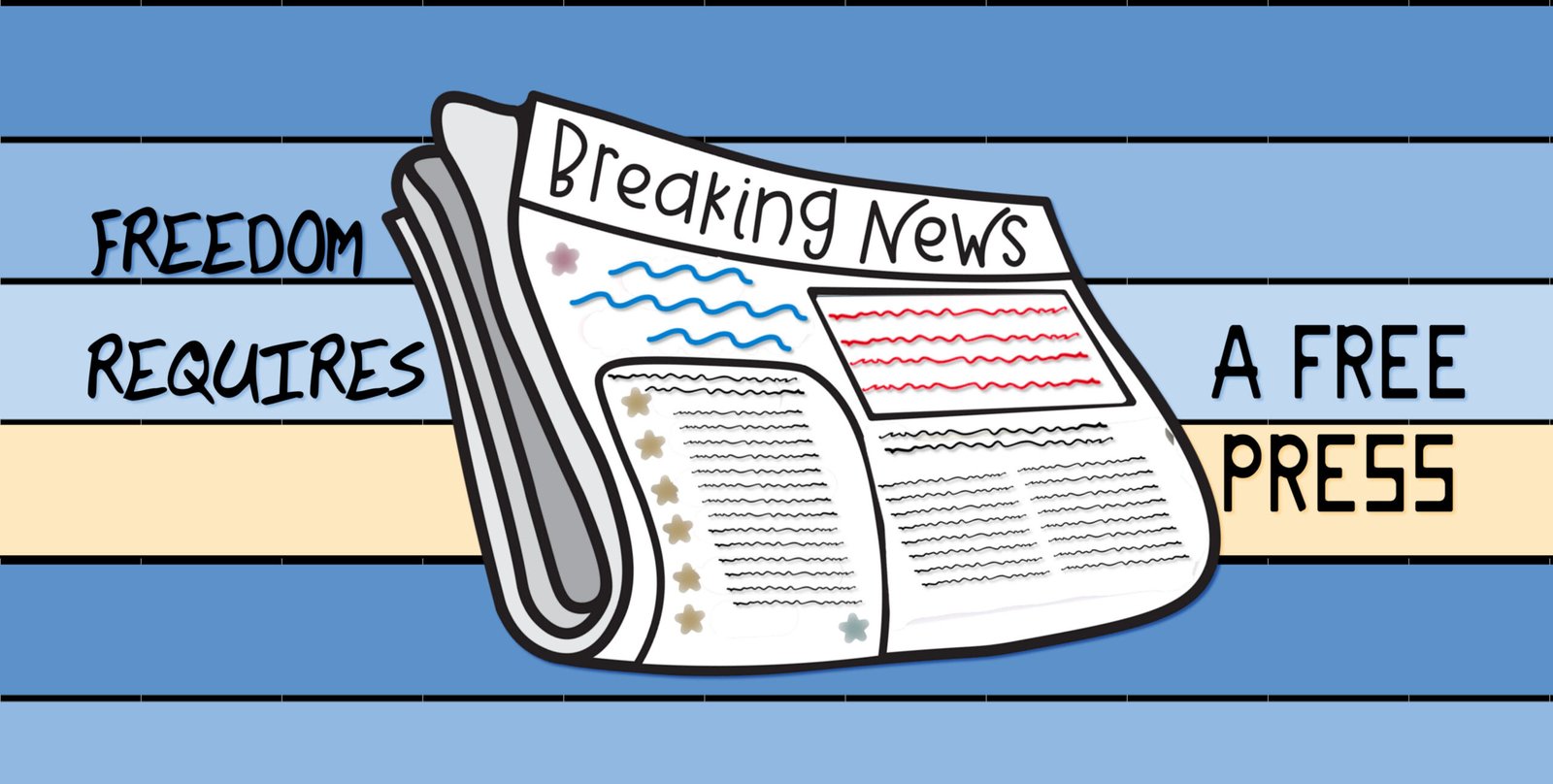 A simple, cartoon-style illustration of a folded newspaper with the headline "Breaking News" against a blue striped background.