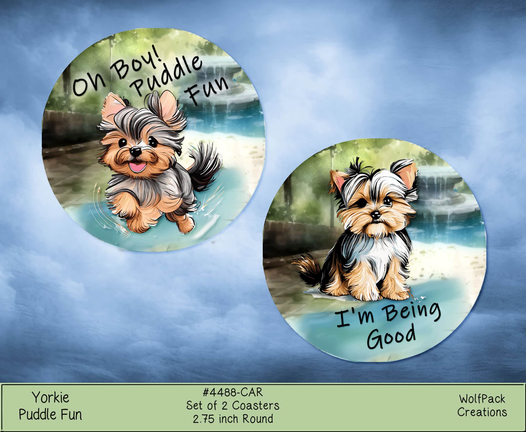 Yorkie Puddle Fun Car Coasters